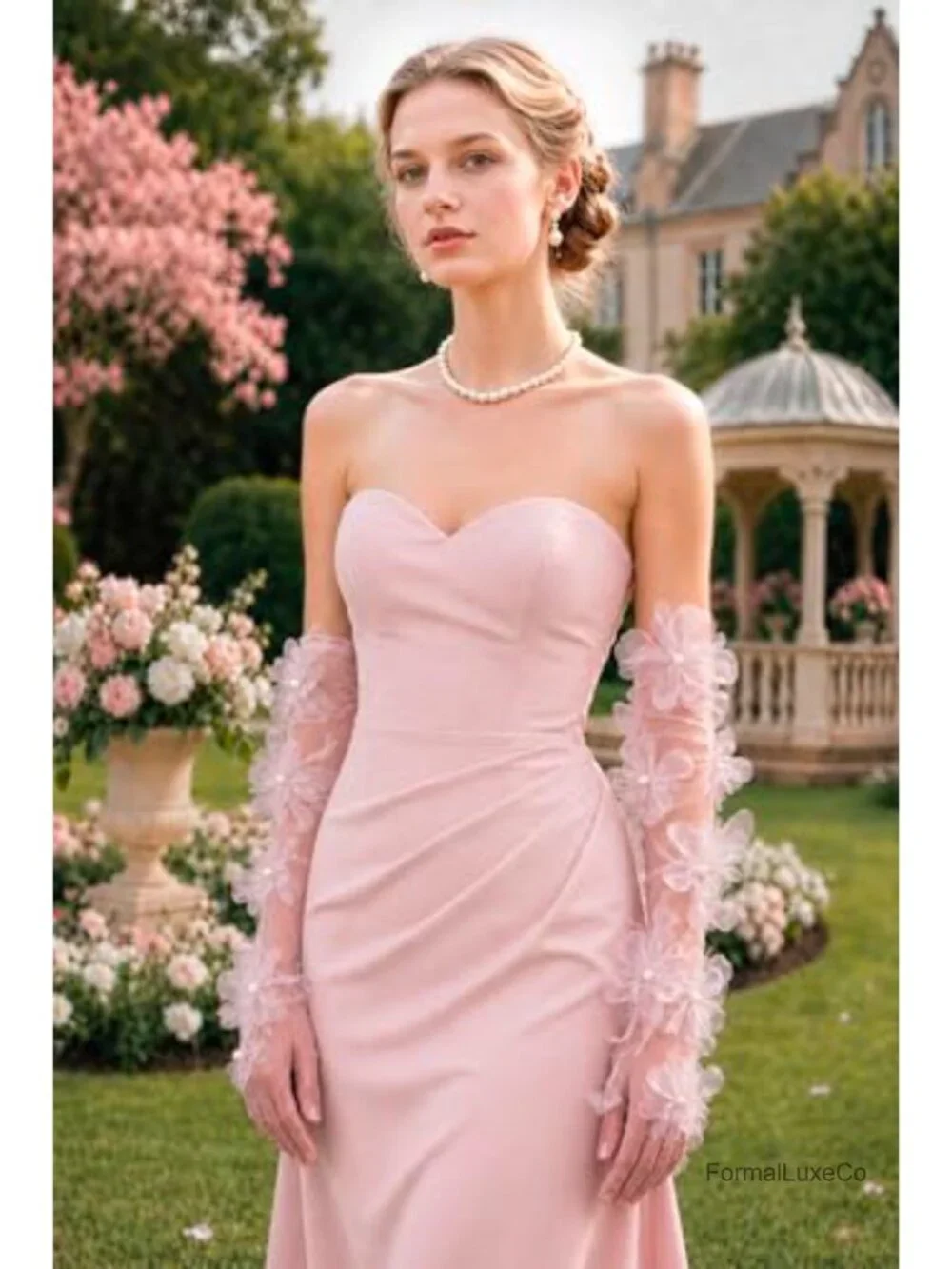 Long Tulle Sheer Gloves with Pearls Floral Lace Sleeves for Wedding Bridal